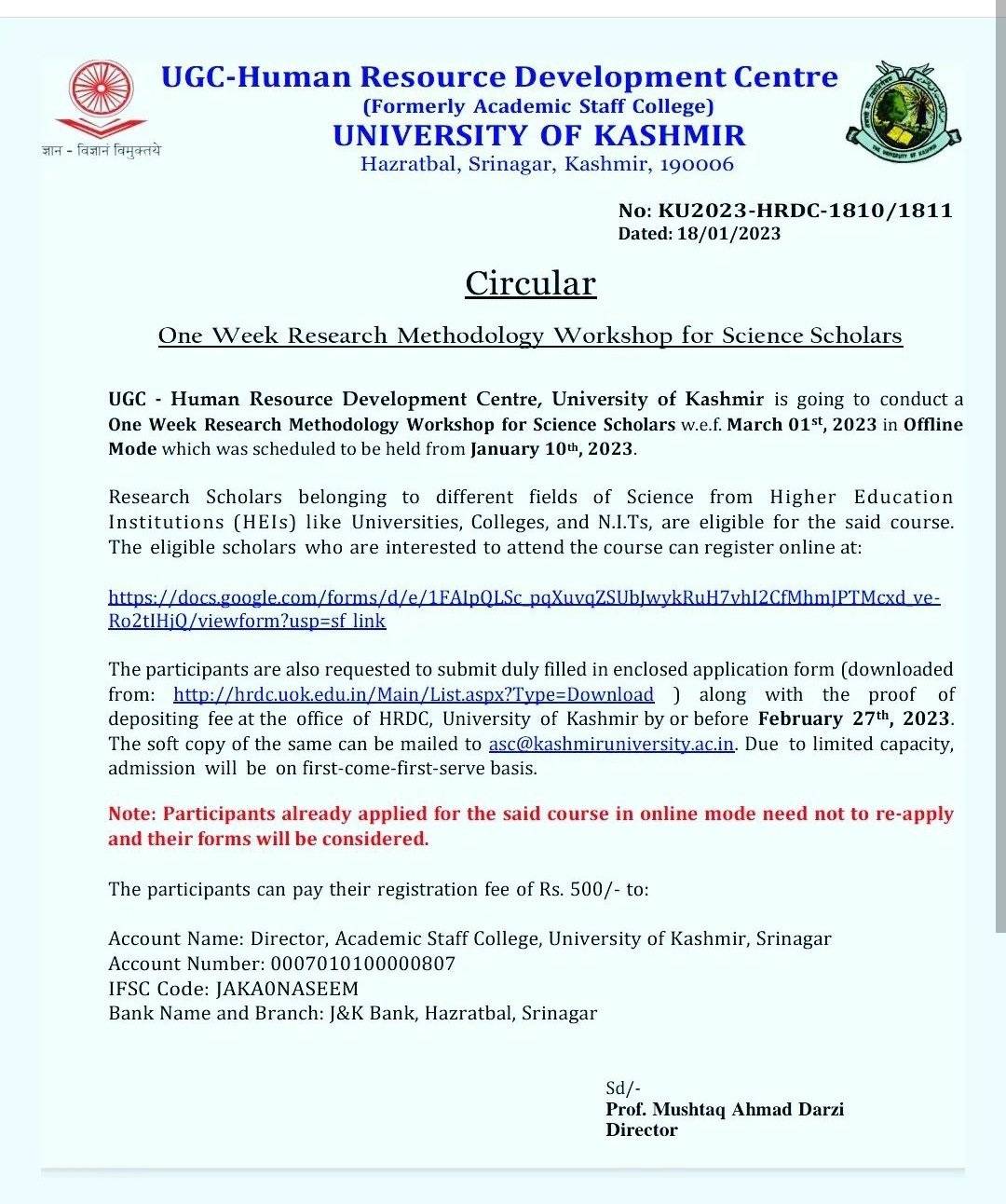 Kashmir University One Week Research Methodology Workshop For Science ...