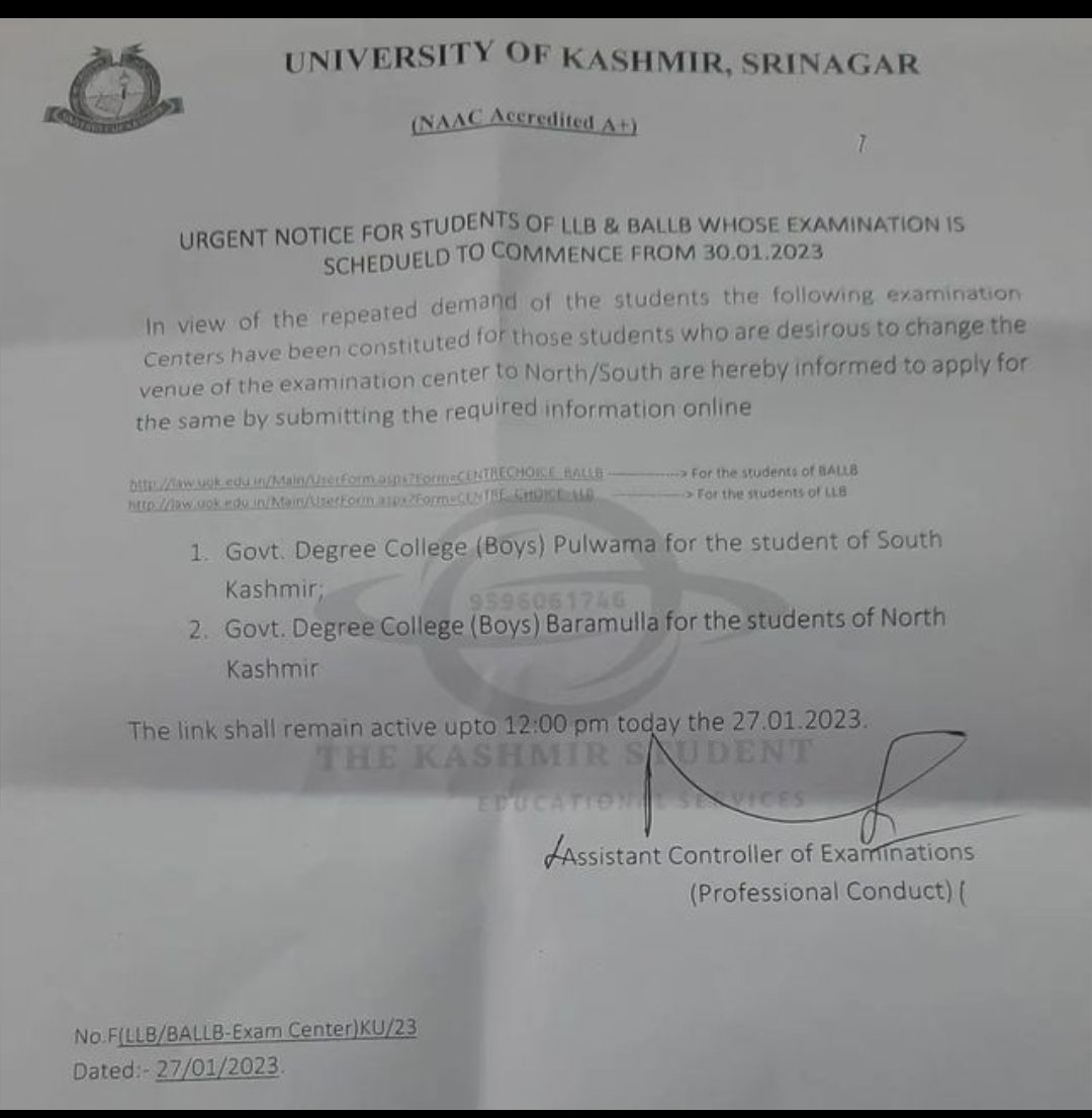 Kashmir University Urgent Notice For LLB & BALLB Students - Kashmir ...